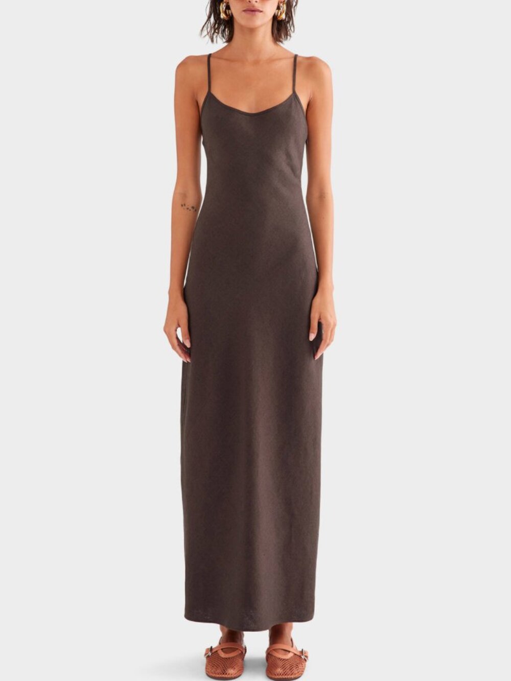 BEST VENROY Linen Slip Maxi Dress - Cafe Chocolate Brown Quiet Lux XS/S/M